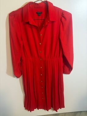Ann Taylor Red Pleated Button-Front Shirt Dress